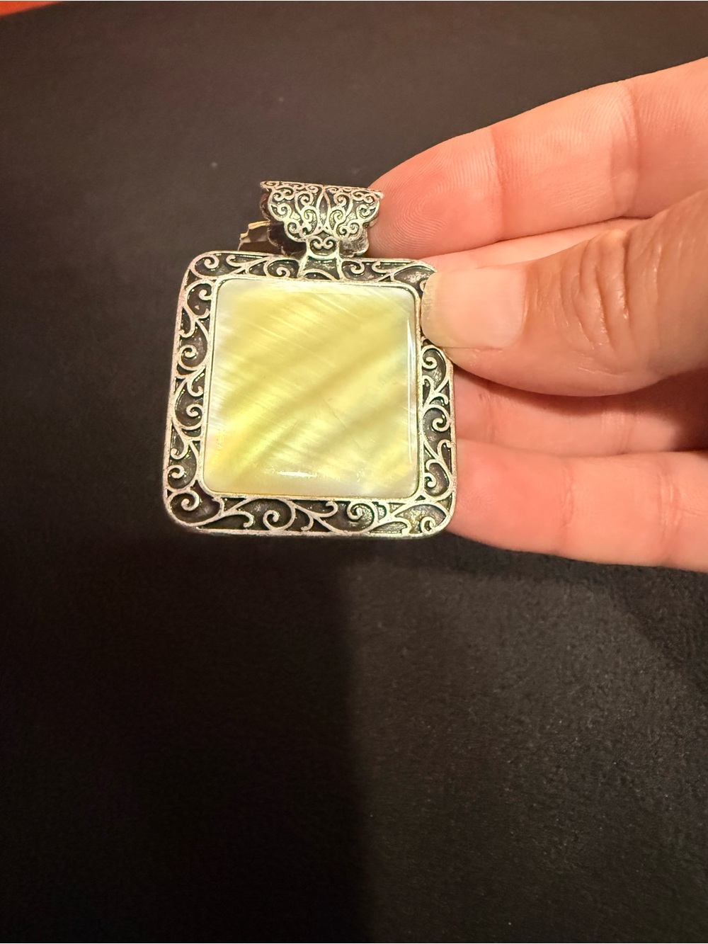 Lia Sophia Mother of Pearl Statement Pendant Silver Tone Filigree NWOT